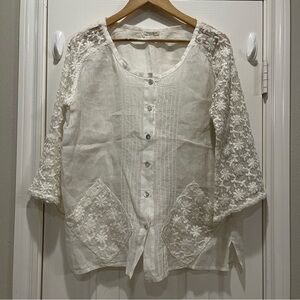 Mastro Moda Blouse Women’s M Button Up White Linen Lace Lagenlook Made In Italy